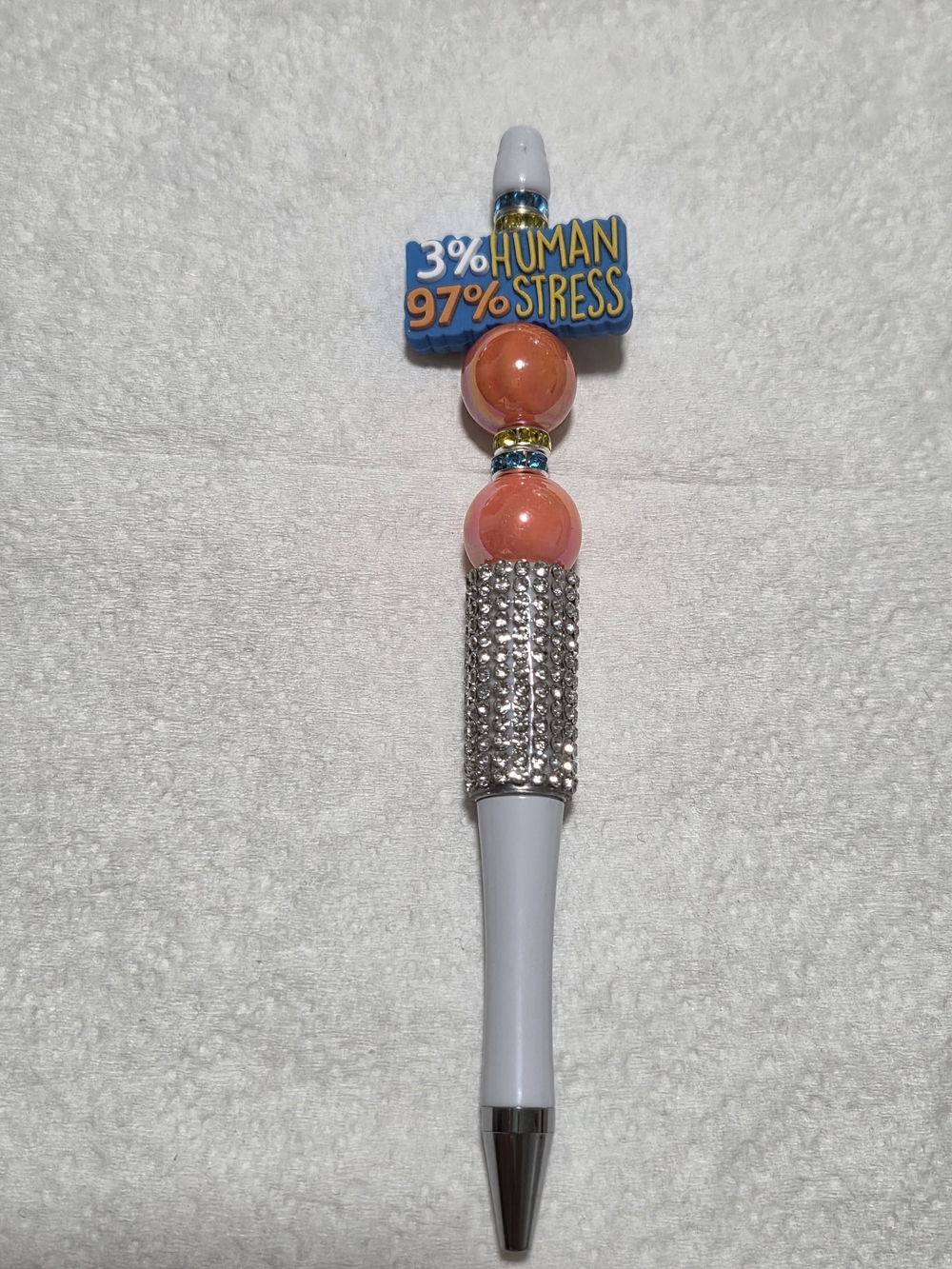 3% Human 97% Stress Decorative White Ballpoint Pen with Coral Beads